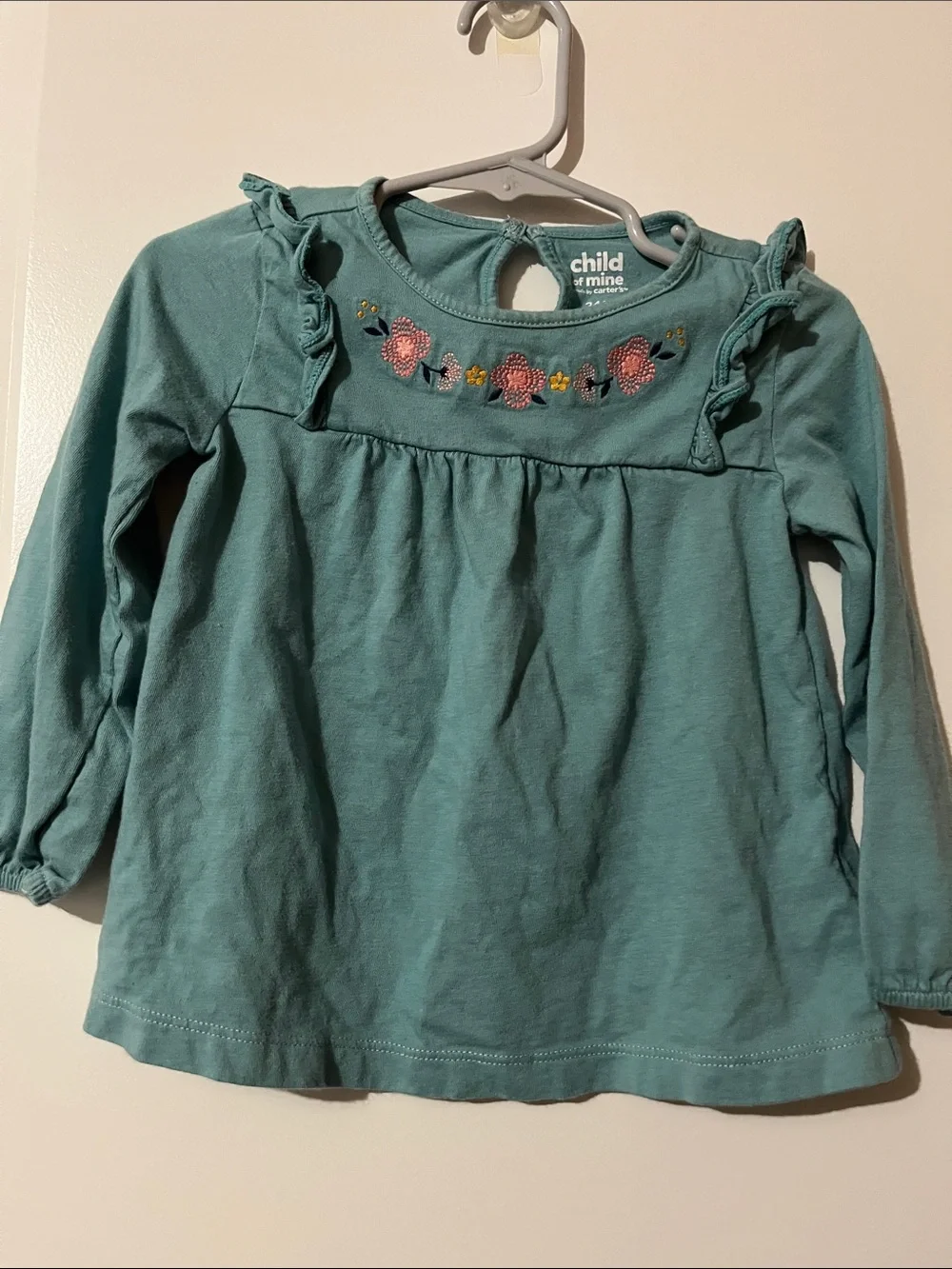 child of mine teal long-sleeve top with embroidered florals